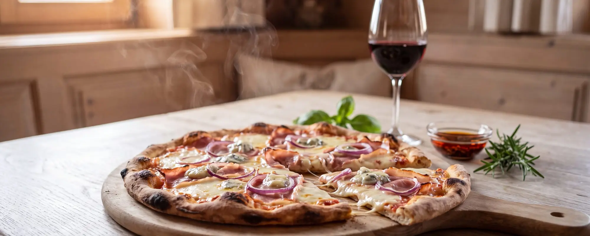 Symbolbild Ofenfrische Pizza Tirolese mit Speck, Gorgonzola und roten Zwiebeln auf einem Holzbrett